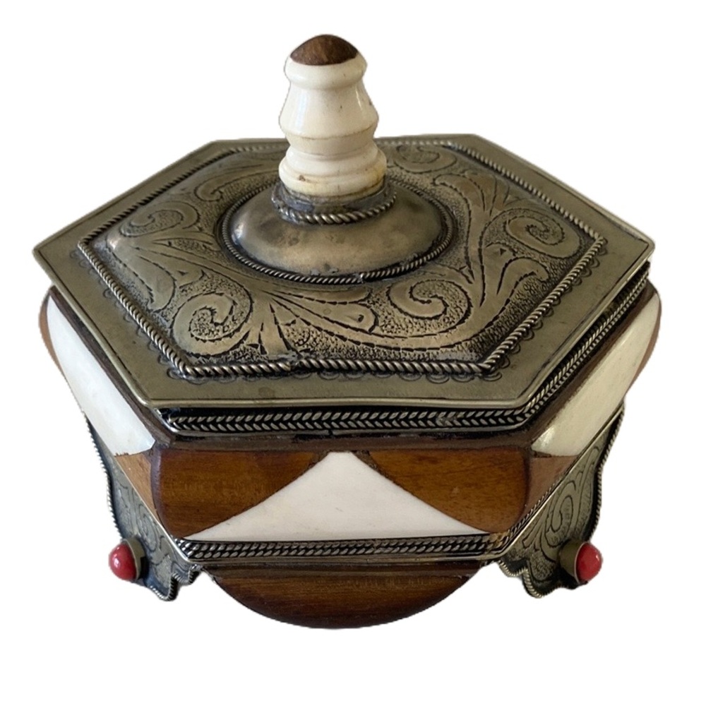 Vintage Hexagonal Decorative Box with Intricate Metalwork